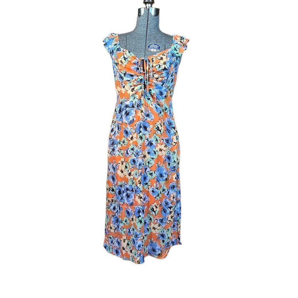 19 Cooper KEYHOLE RUFFLE MIDI DRESS IN CORAL FLORAL Size XS - Picture 7 of 16